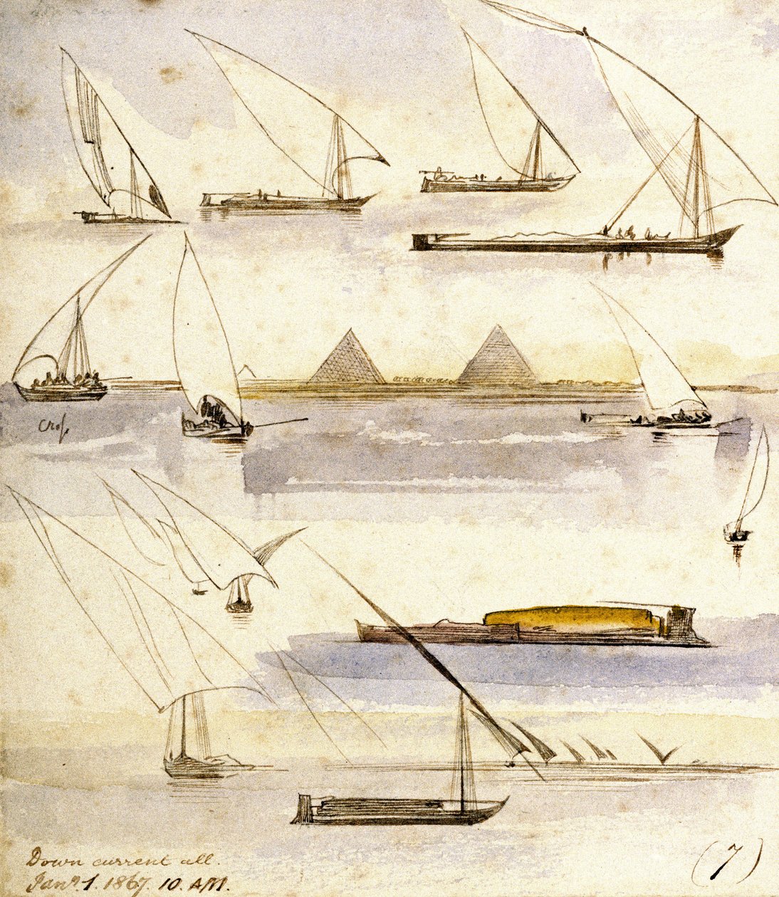 Studie van verschillende Egyptische boten (Dahabeeyahs en Gyassis), met een scène voor de piramides van Gizeh (Caïro) in het midden van de pagina door Edward Lear