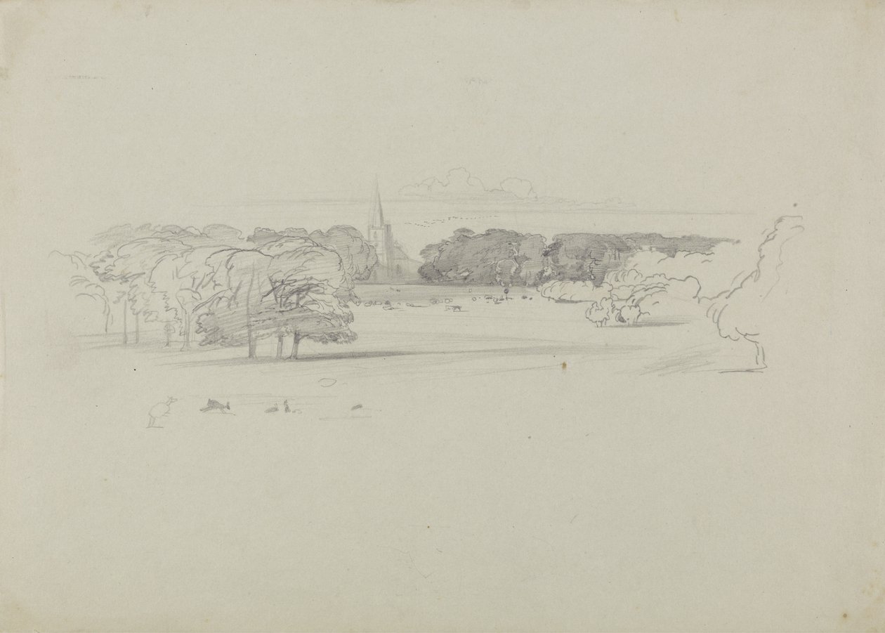 Uitzicht over een weide naar een kerk door Edward Lear