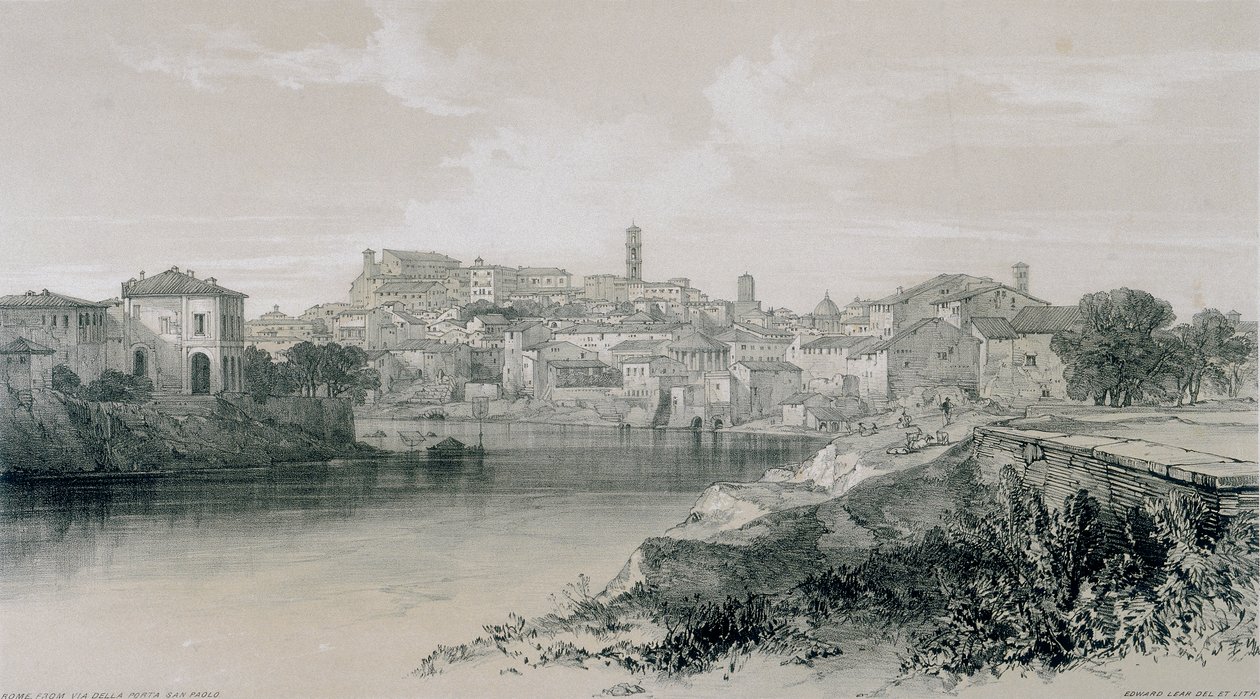 Gezichten in Rome en omgeving: Rome vanaf via Porta San Paolo door Edward Lear