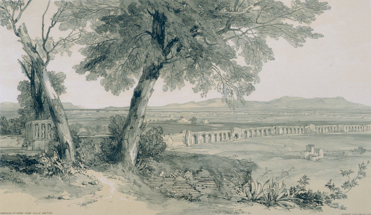 Gezichten in Rome en Omgeving: Campagna en Muren van Rome met Uitzicht op de Alban door Edward Lear