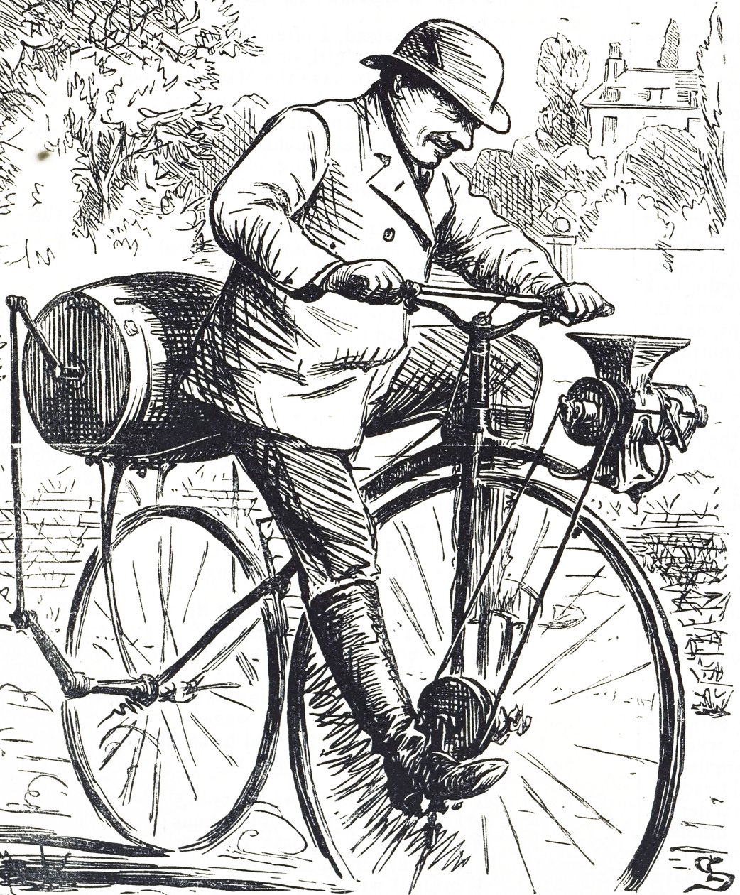 Cartoon die een koffiemolenfiets afbeeldt door Edward Linley Sambourne