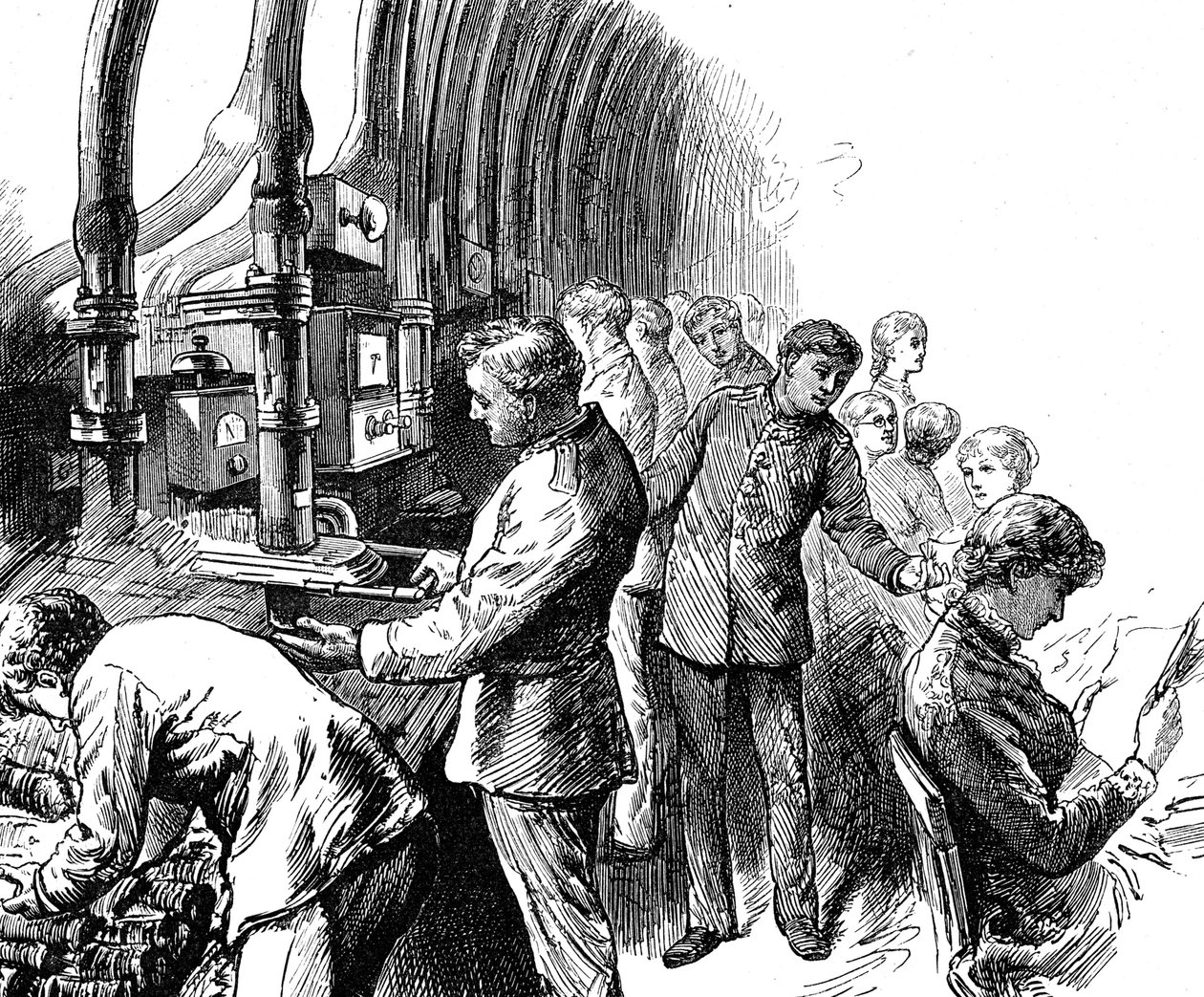 Gravure die de pneumatische verzending toont die het General Post Office gebruikte om pakketten onder Londen te vervoeren door Edward Linley Sambourne