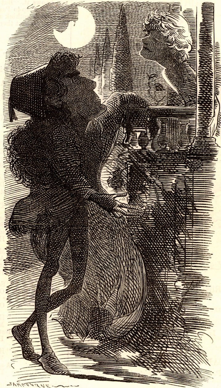Henry Irving in balkonscène van "Romeo en Julia" door Edward Linley Sambourne
