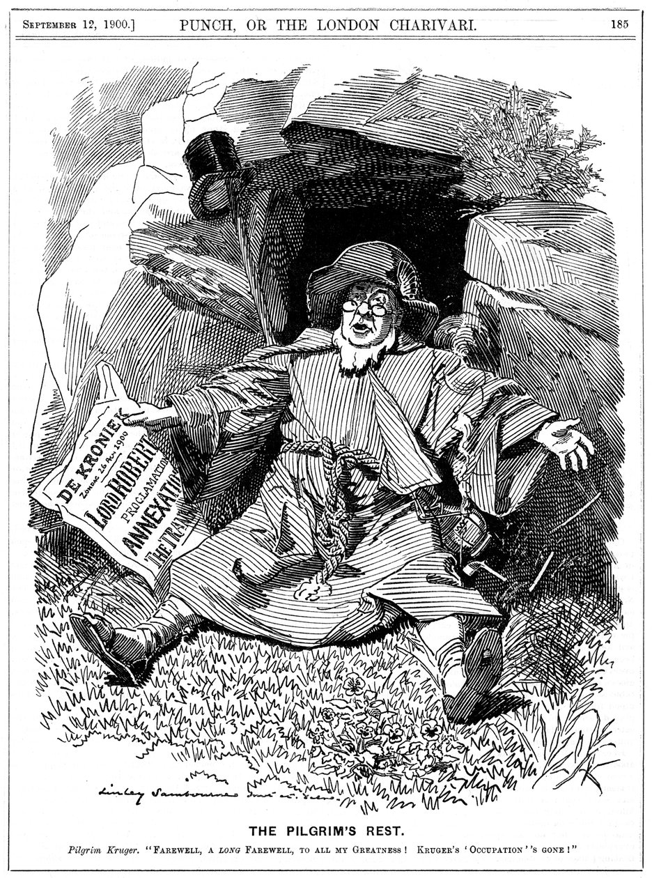 De Pelgrimsrust, karikatuur van Paul Kruger, Zuid-Afrikaanse politicus, 1900 door Edward Linley Sambourne