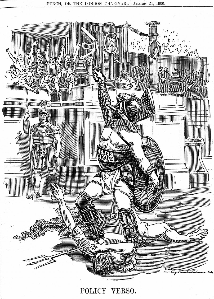 Met de terugkeer van de liberale regering in Groot-Brittannië, december 1905, was vrijhandel het beleid, in plaats van het conservatieve beleid van bescherming door tarief. Cartoon door Edward Linley Sambourne uit Punch Londen 24 januari 1906 door Edward Linley Sambourne