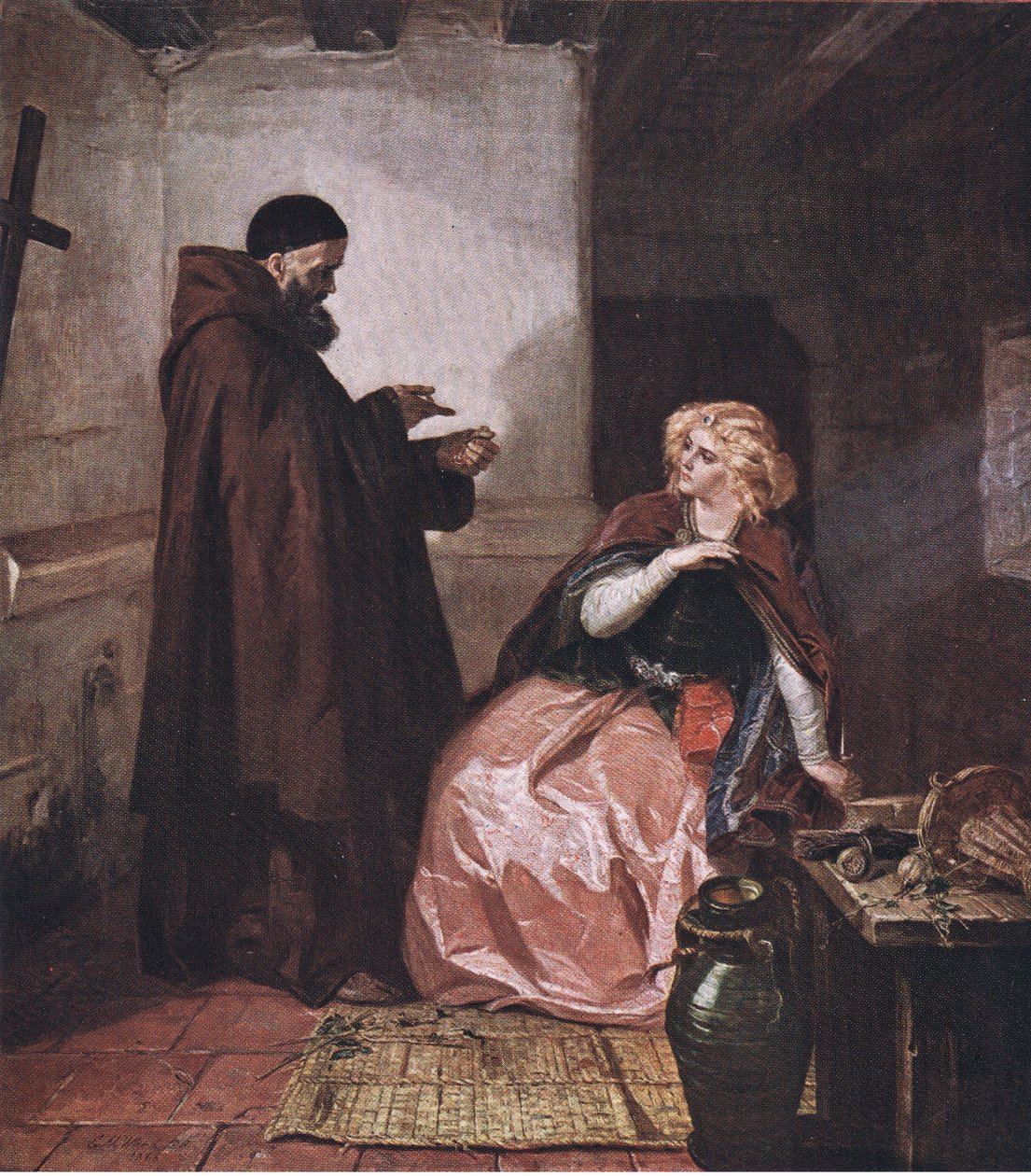 Julia en broeder Laurence (Romeo en Julia) Neem de fles, liggend in bed, en drink deze gedistilleerde drank op, uit De Complete Werken van William Shakespeare gepubliceerd door J Coker & Co Ltd door Edward Matthew Ward