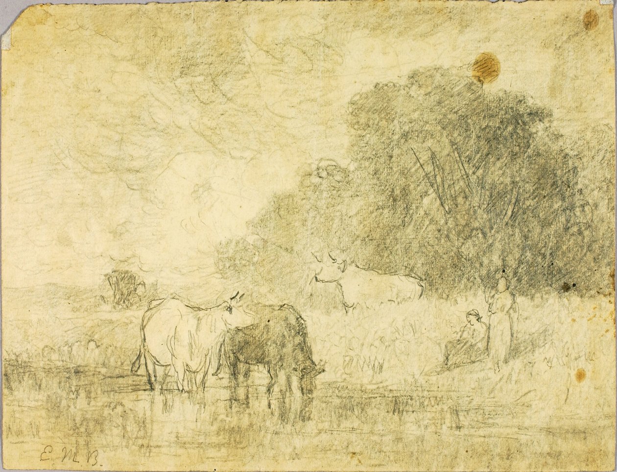 Landschap met koeien bij vijver, twee figuren door Edward Mitchell Bannister
