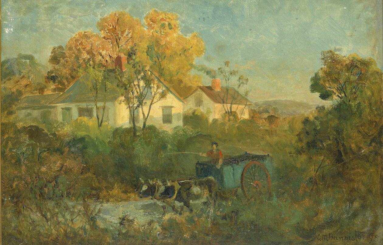 De drinkpoel (man in kar met ossen bij de poel) door Edward Mitchell Bannister