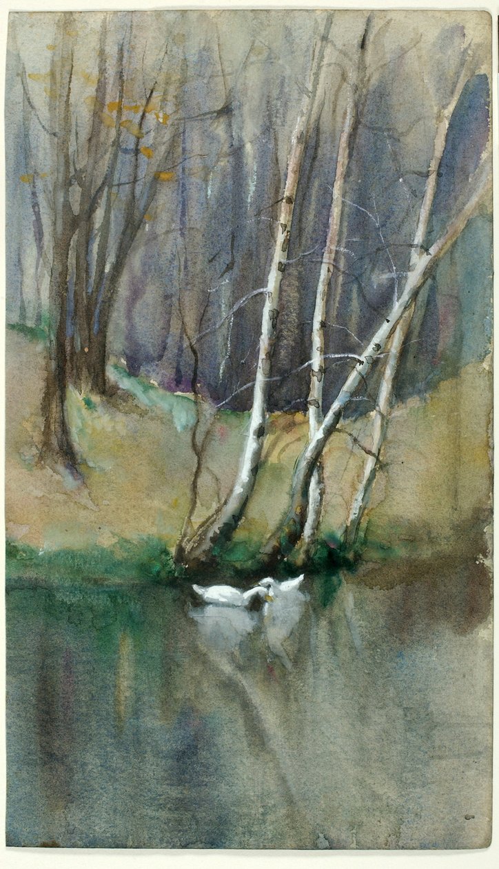 Zonder titel (Houtscène met berken en eenden) door Edward Mitchell Bannister
