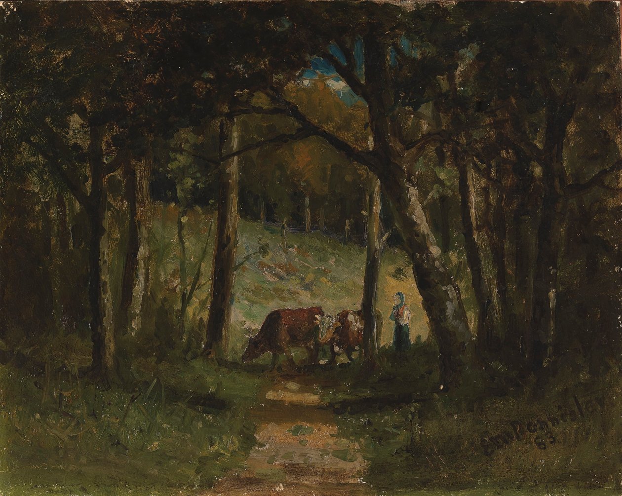 Zonder titel (koeien op pad in bos) door Edward Mitchell Bannister