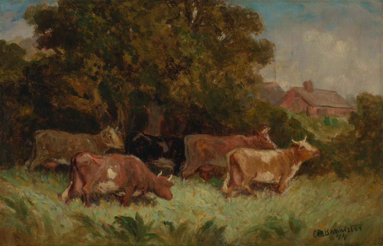 Zonder titel (vijf koeien in de wei, dak op achtergrond) door Edward Mitchell Bannister