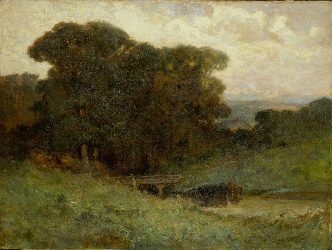 Zonder titel (bosgezicht met brug, koeien in beek op voorgrond) door Edward Mitchell Bannister