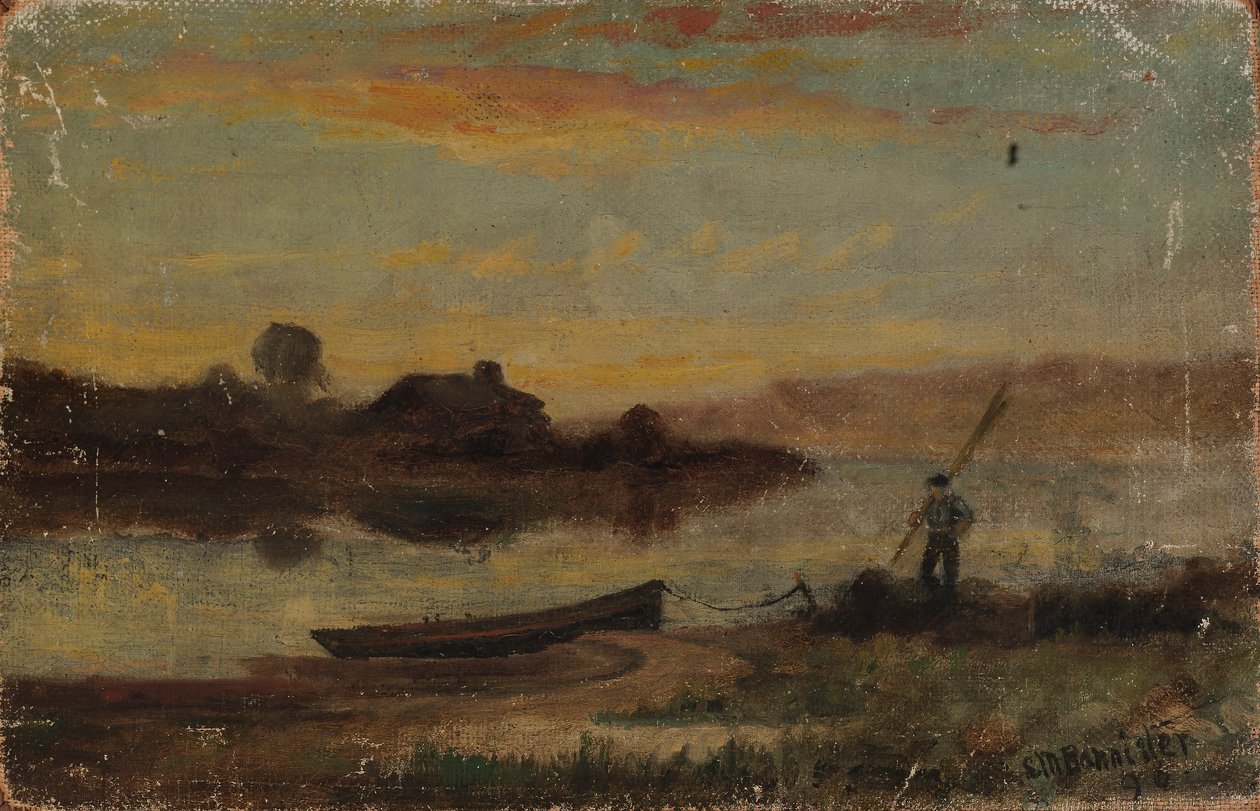 Zonder titel (landschap, boot aangemeerd bij oever met wandelende man) door Edward Mitchell Bannister