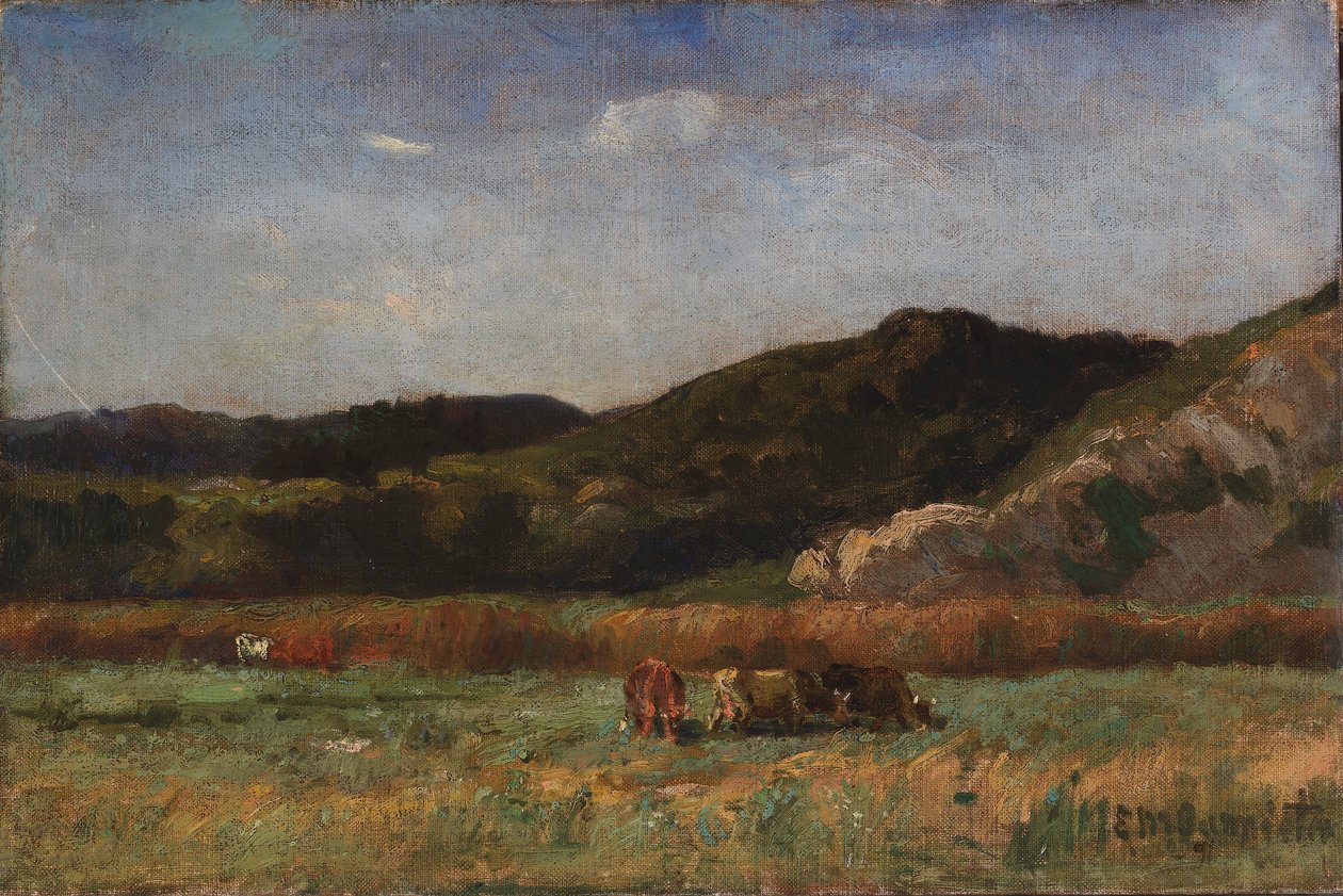 Zonder titel (landschap met grazende koeien, heuvels) door Edward Mitchell Bannister