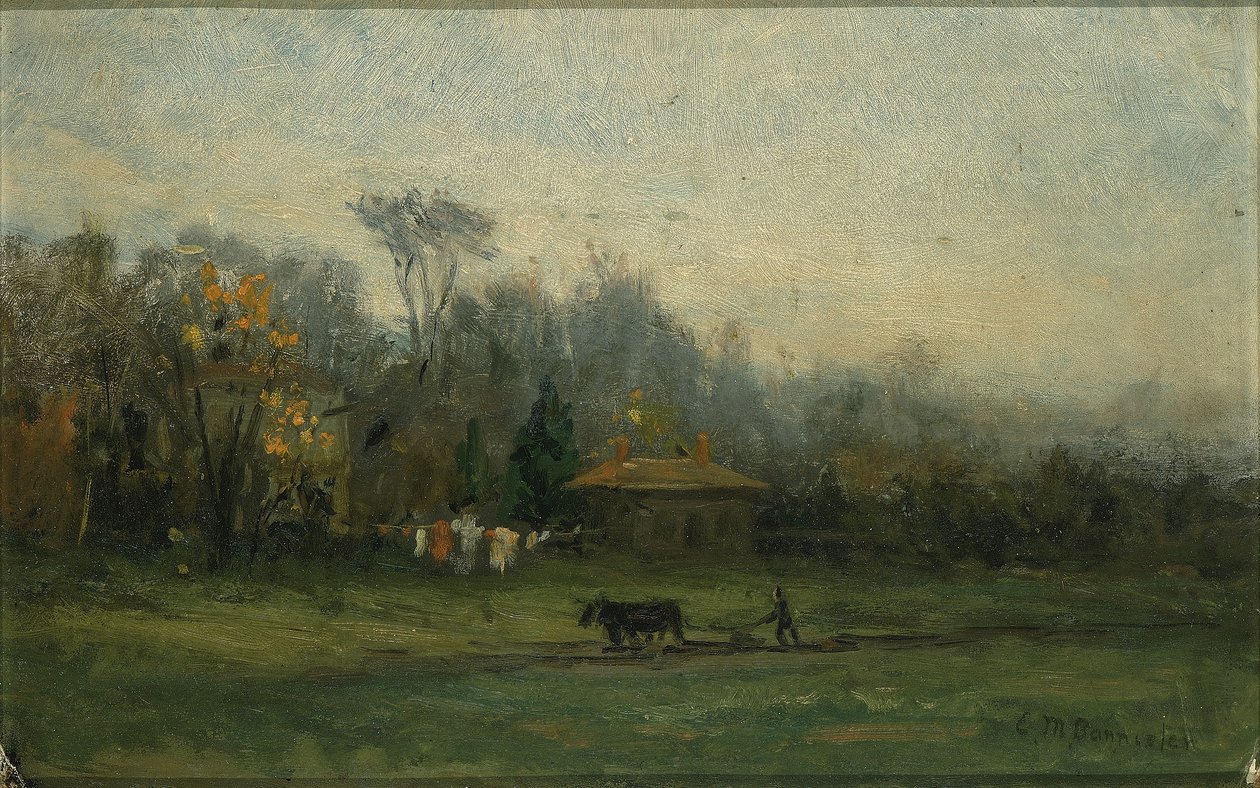 Zonder titel (landschap met man die velden ploegt) door Edward Mitchell Bannister