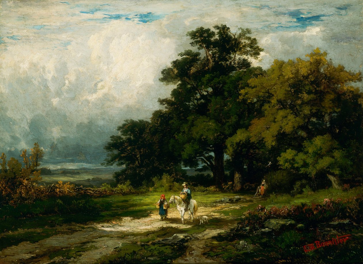 Zonder titel (man op paard met vrouw en hond) door Edward Mitchell Bannister