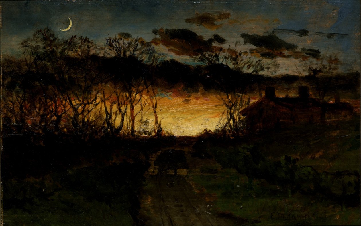 Zonder titel (zonsondergang met kwart maan en boerderij) door Edward Mitchell Bannister