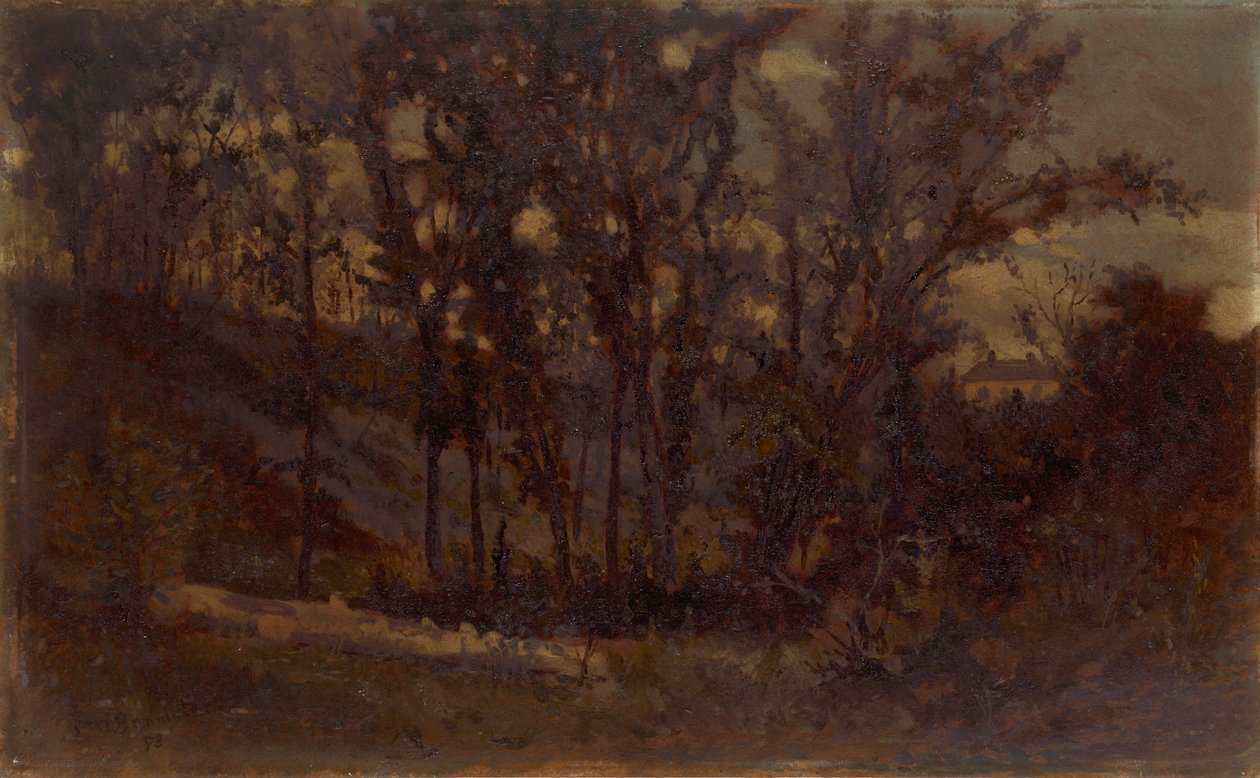 Naamloos boslandschap, omgevallen boom op de voorgrond en huis op de achtergrond door Edward Mitchell Bannister