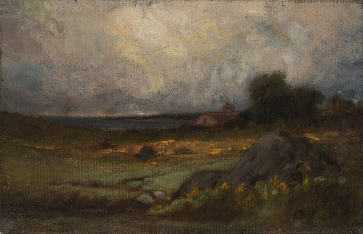 Naamloos landschap met rots op de voorgrond en dak met torenspits, meer op de achtergrond door Edward Mitchell Bannister