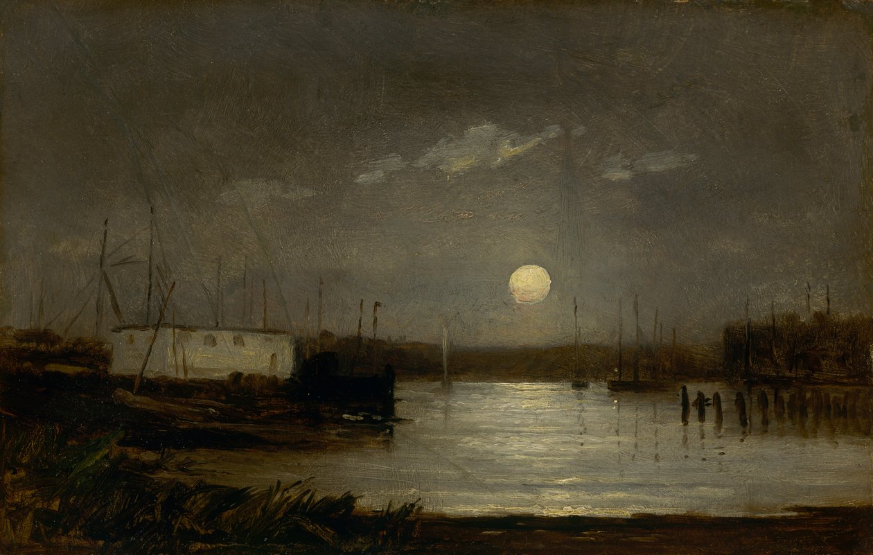 Ongetiteld maan boven een haven, kadescène met volle maan en masten van boten door Edward Mitchell Bannister