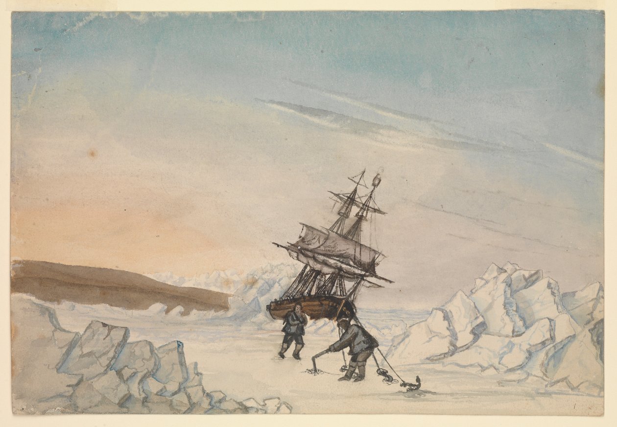 Een schip vast in het ijs met twee bemanningsleden die het schip in het ijs vastzetten met vier bevestigingen door Edward Newell Harrison