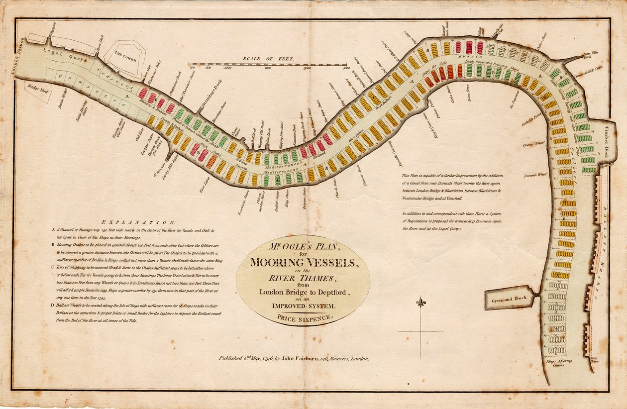 Het plan van Mr Ogle, voor het aanmeren van schepen, in de rivier de Theems, van London Bridge tot Deptford, op een verbeterd systeem door Edward Ogle
