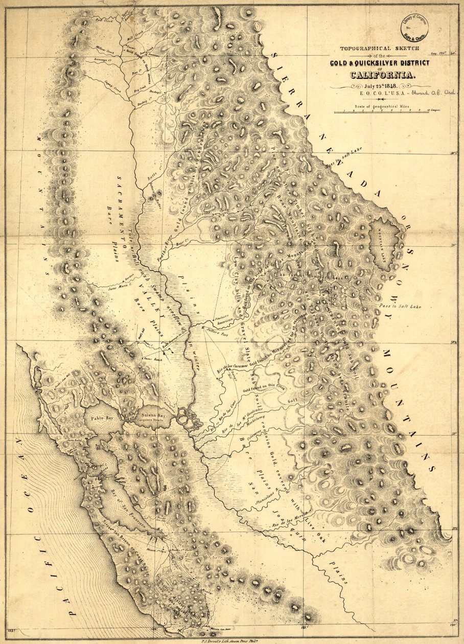Topografische schets van het goud- en kwikzilvergebied van Californië, 1848 door Edward Otho Cresap Ord