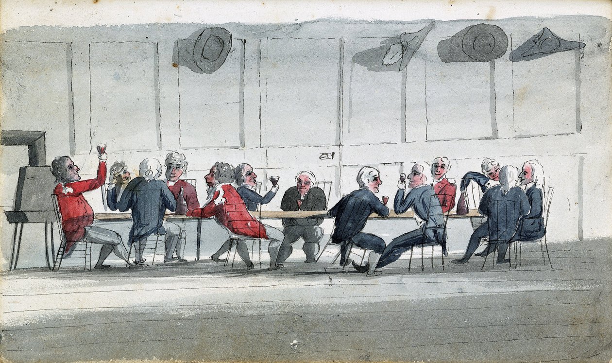 De officiersmess, een cartoon met marineofficieren die samen wijn drinken door Edward Pelham Brenton