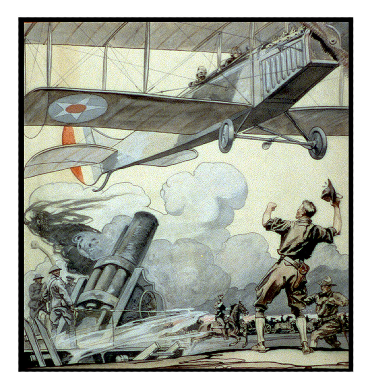 Vliegtuig, artilleriekanon en soldaten door Edward Penfield door Edward Penfield