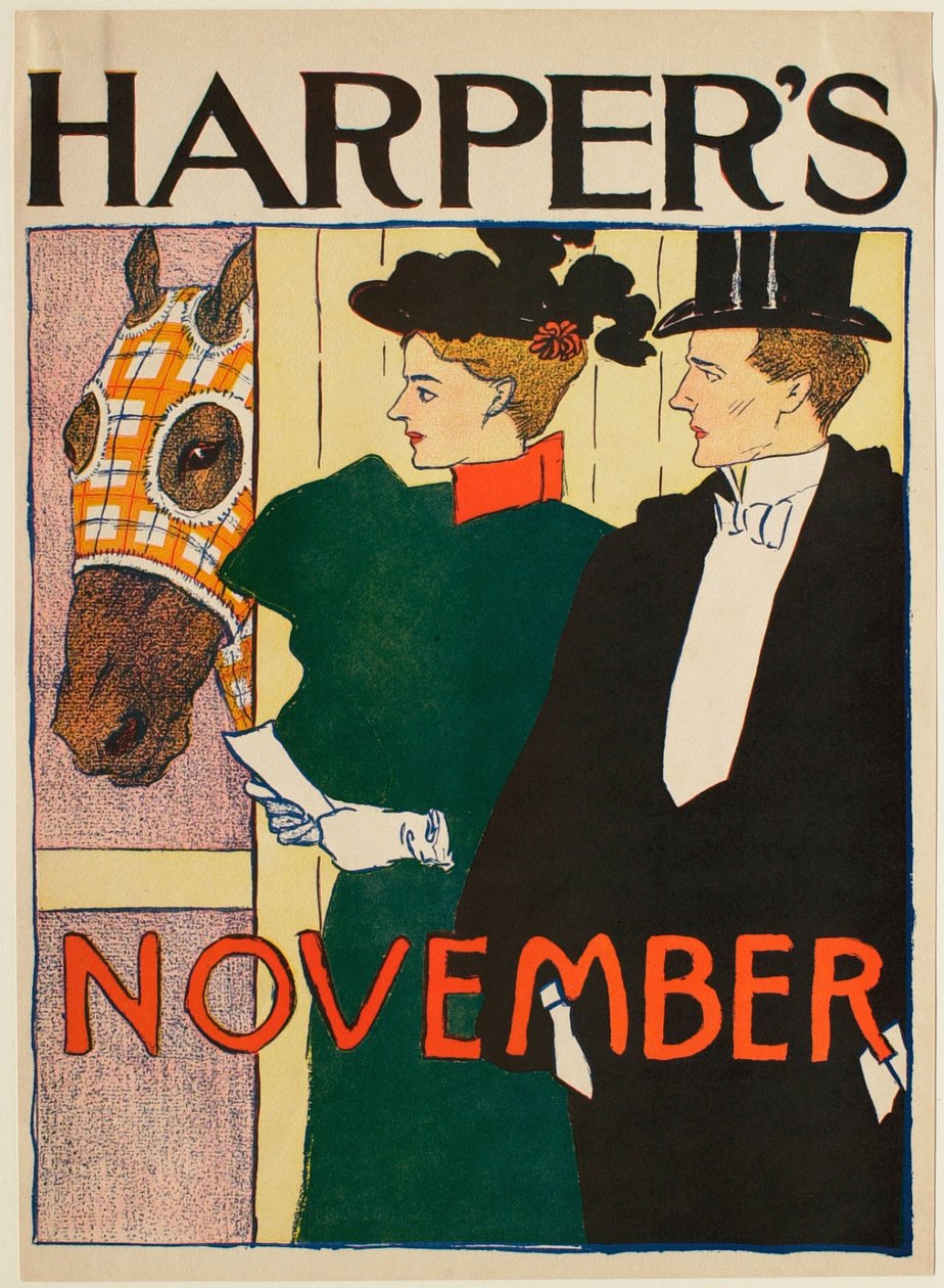 Dame en heer buiten een paardenstal, november Harper