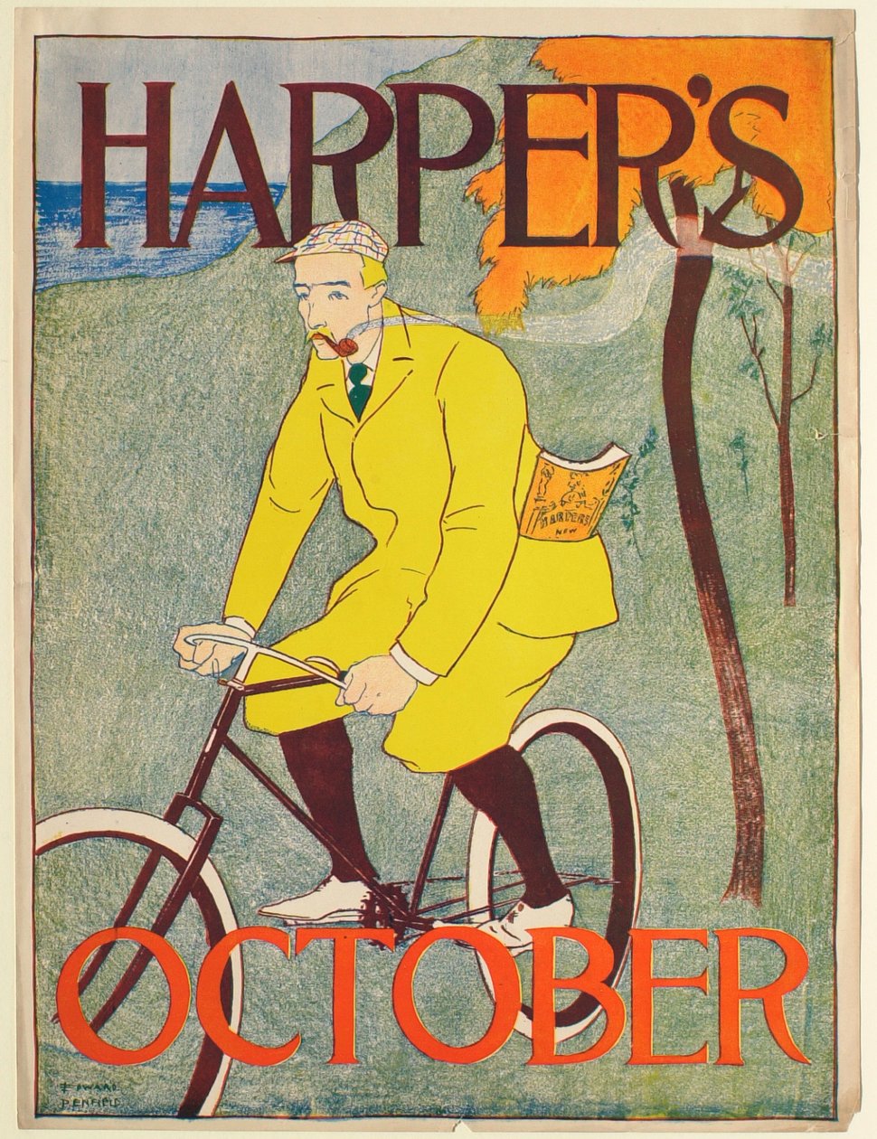 Man in geel pak op een fiets, Harper