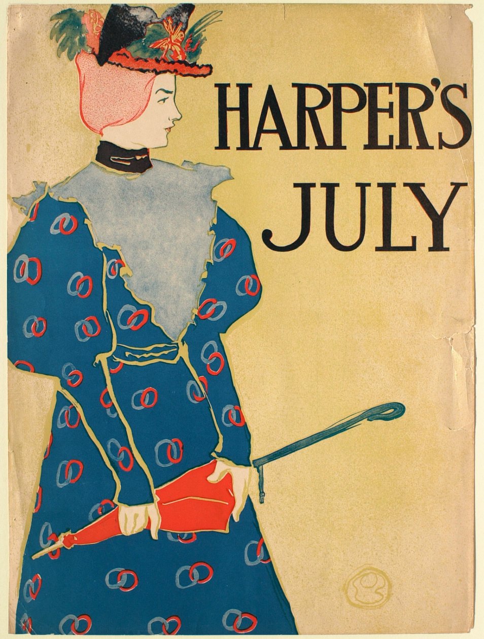 Junge Frau im blauen Kleid mit rotem Regenschirm, Juli Harper