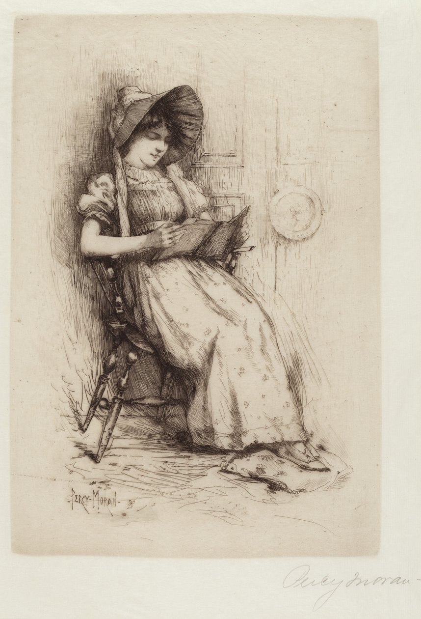 Zonder Titel (Jong Meisje met Hoed, in Stoel, Lezend) door Edward Percy Moran