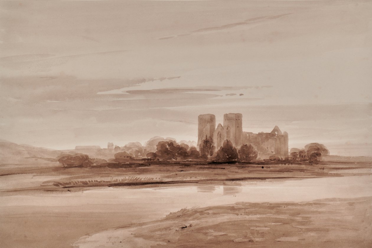Landschap met kerk en rivier of meer door Edward Pretty