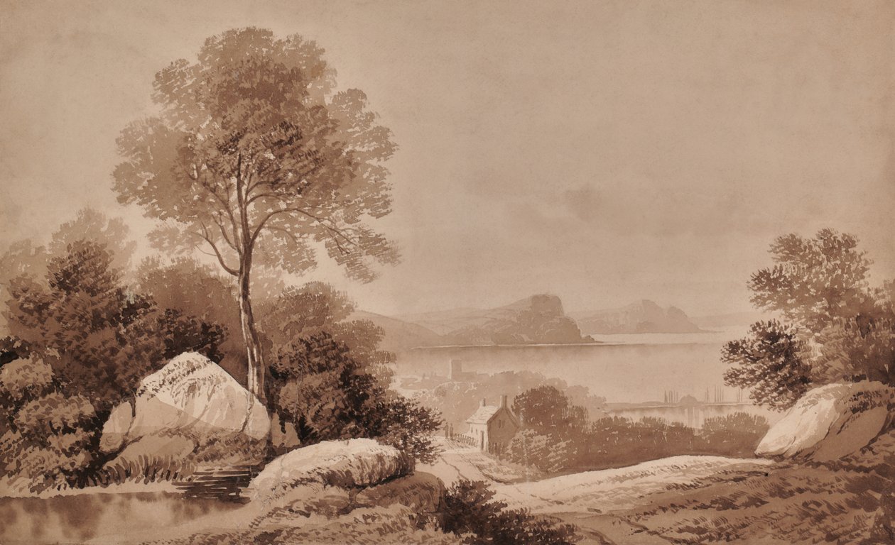 Landschap met meer en huisje door Edward Pretty