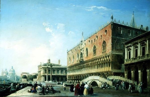 De Piazzetta, Venetië, met talrijke figuren bij het Dogepaleis door Edward Pritchett