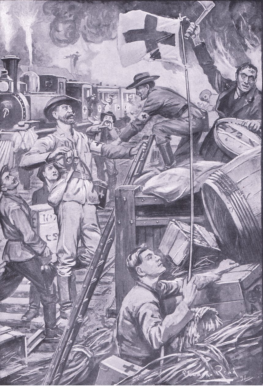 Valse ambulancemedewerkers vernietigen voorraden bij Komati Foort onder dekking van de Rode Kruisvlag, illustratie uit Na Pretoria: De Guerrillaoorlog, 1902 door Edward Read