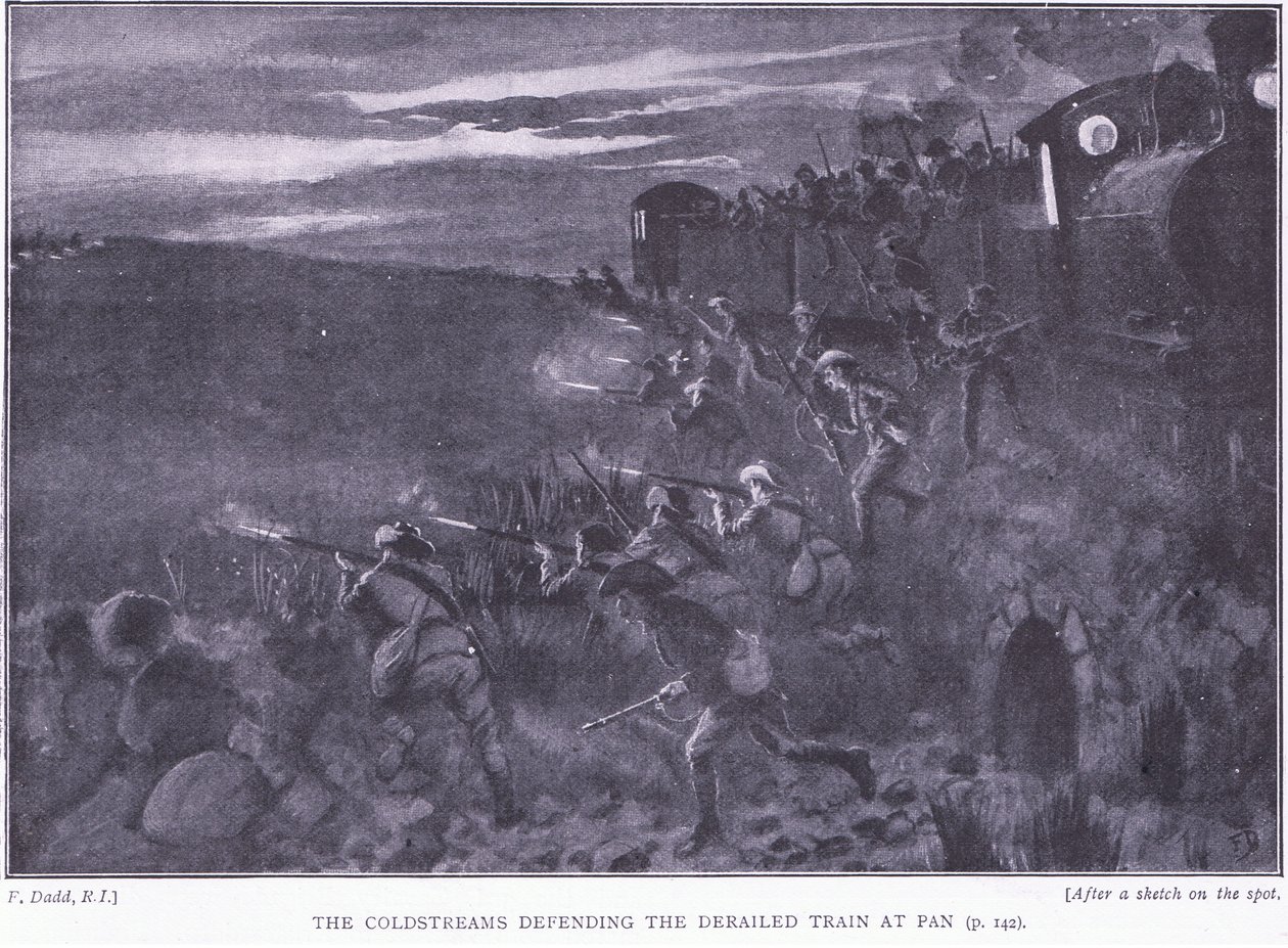 De Coldstreams verdedigen een ontspoorde trein, illustratie uit Na Pretoria: De Guerrillaoorlog, 1902 door Edward Read