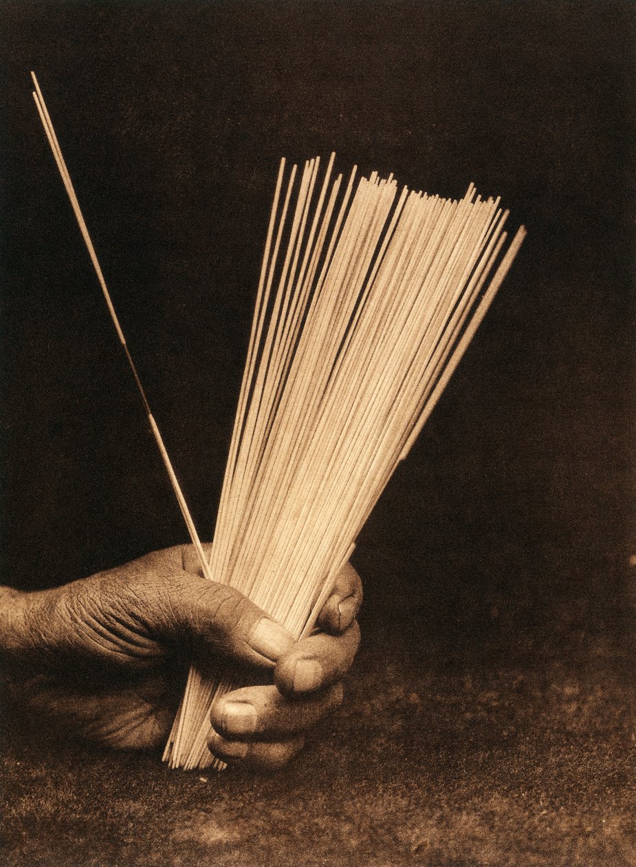 Close-up van de hand van een Indiaan van de Hupa-stam of dorp die waarzeggerijstaven vasthoudt door Edward Sheriff Curtis