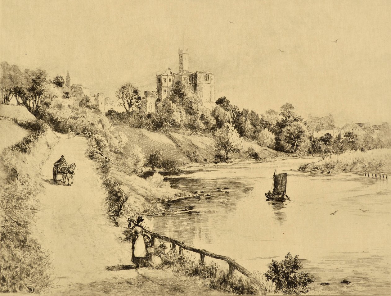 De Coquet: Kasteel Warkworth vanaf de weg naar Amble, ca. 1880 door Edward Slocombe