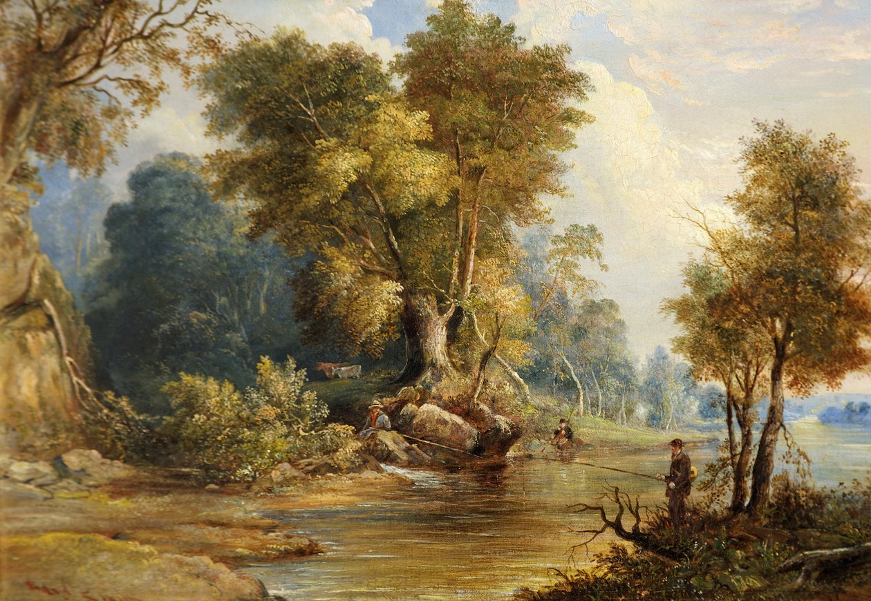 Rivierscène met vissers, de Leadon, Gloucestershire, ca. 1880 door Edward Smith