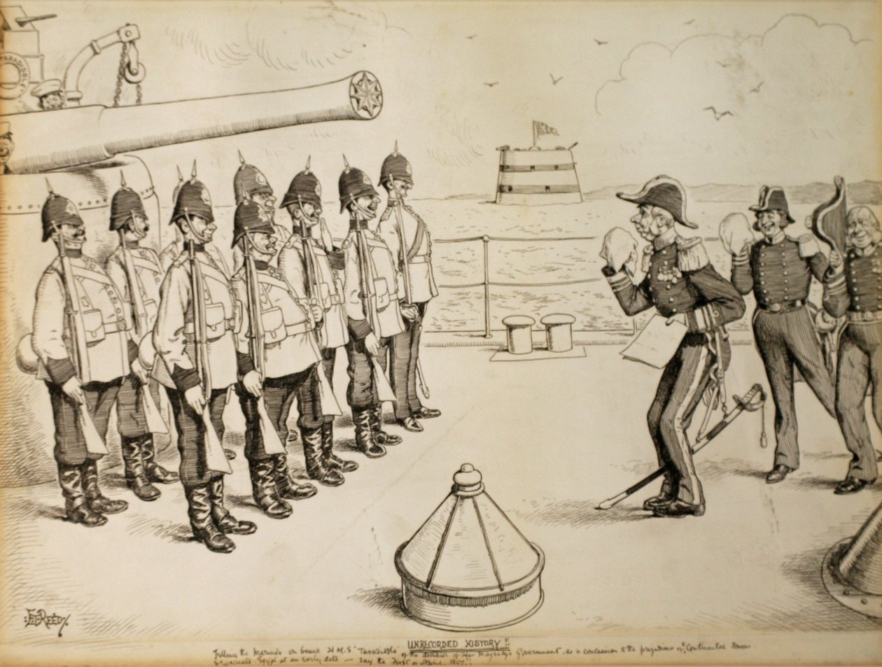 Onopgetekende geschiedenis! Vertellen aan de mariniers aan boord van HMS Taradiddle het voornemen van de regering van Hare Majesteit - als concessie aan het vooroordeel van de continentale machten - om Egypte op korte termijn te evacueren: waarschijnlijk d door Edward Tennyson Reed