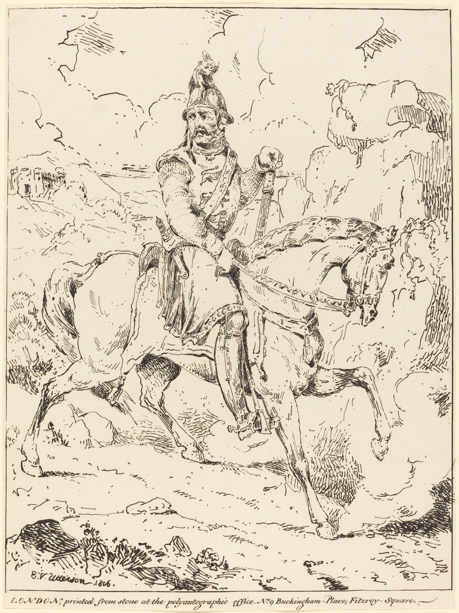 Ridder in harnas te paard door Edward Vernon Utterson