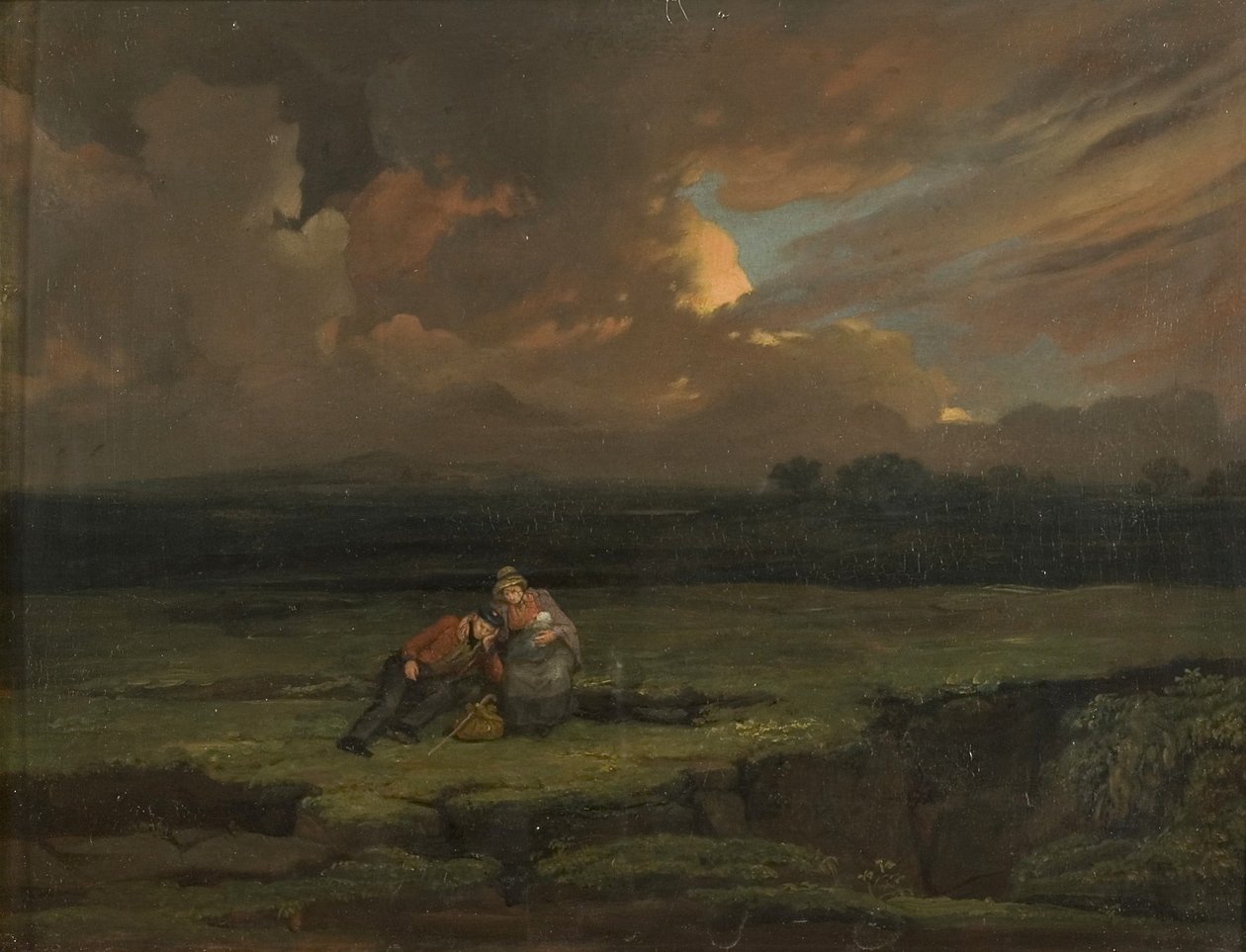 Een soldaat en zijn vrouw en kind in een stormachtig landschap door Edward Villiers Rippingille