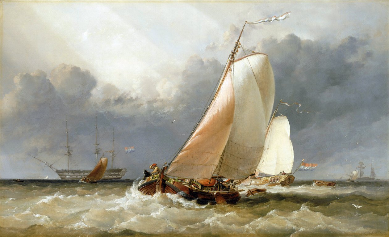 Nederlands zeilschip zeilend op de Zuiderzee (Nederland) door Edward William Cooke