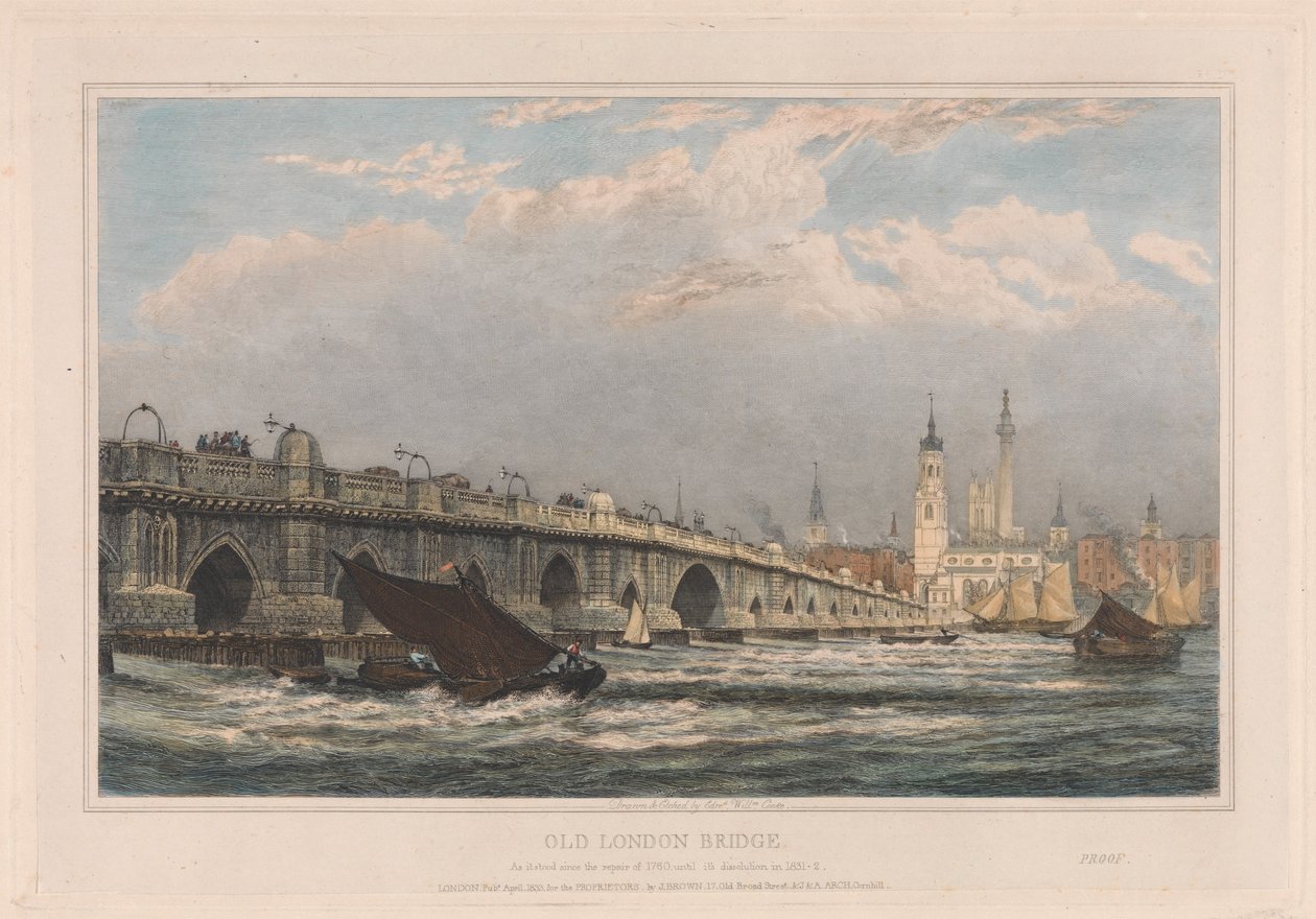 De oude London Bridge na de reparatie van 1700 tot 1831/1832 door Edward William Cooke