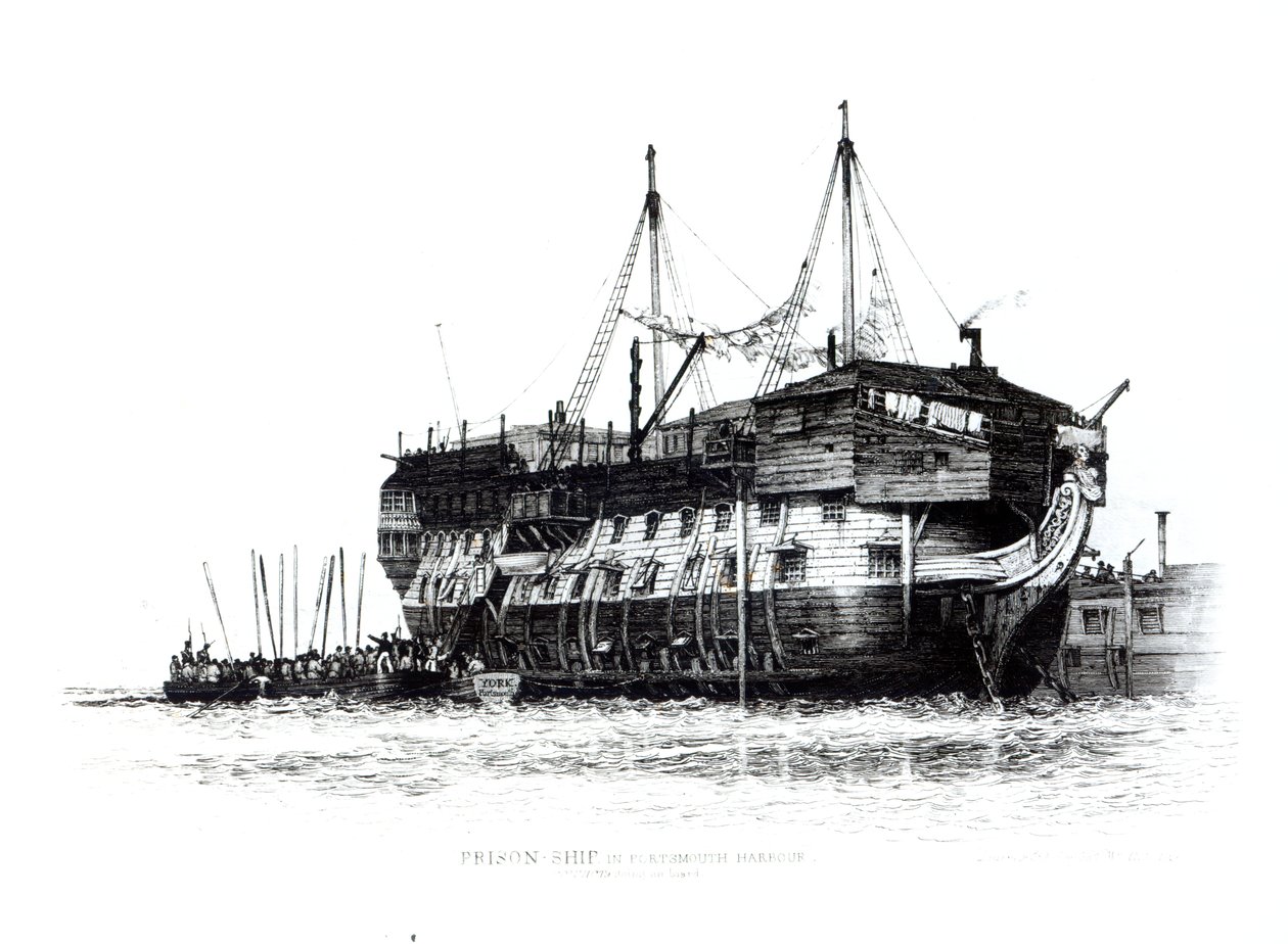 Gevangenisschip in de Haven van Portsmouth: Gevangenen Gaan Aan Boord, 1828 door Edward William Cooke