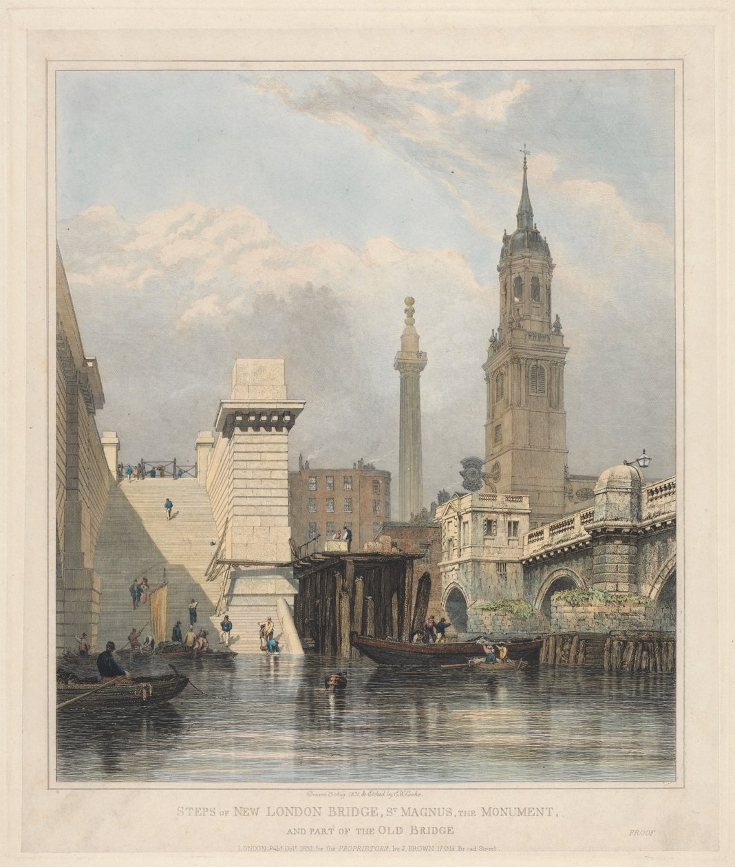 Trappen van de nieuwe London Bridge, St. Magnus, het Monument en een deel van de oude brug door Edward William Cooke