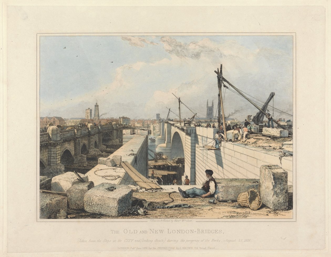 De oude en de nieuwe London Bridge door Edward William Cooke