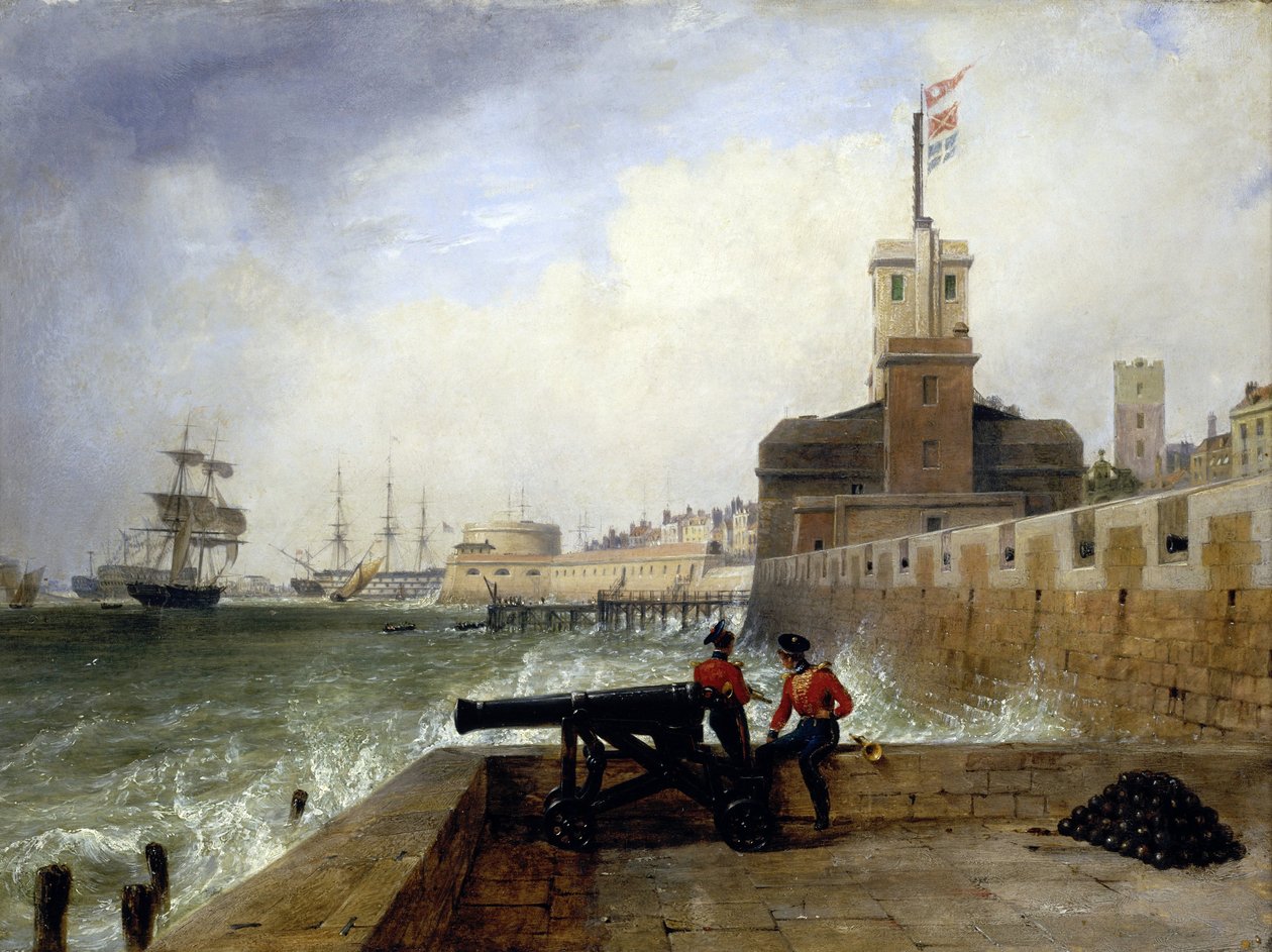 De semafoor toren bij de ingang van de haven van Portsmouth (Engeland), op het Salvation Platform, met twee soldaten die op de muur naast een kanon zitten, op de achtergrond, beschrijving van de stad en de pier met de ronde toren door Edward William Cooke